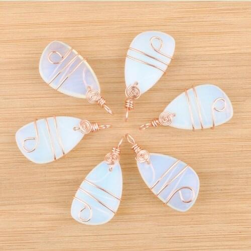 6Pcs/Lot Natural Stone Opal Copper Wire Wrap Pendant Irregular Geometric Bead Rose Gold Color Dangle Charms Jewelry QN4174