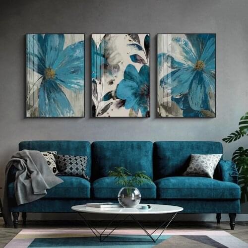 Blue Paint Flowers Canvas Printings Nordic Abstract Poster Blooming Life Botanical Paintings Wall Art Picture Living Room Decor