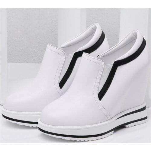 Low Top Fashion Sneakers Women Slip On Cow Leather Wedges High Heel Ankle Boots Female Round Toe Platform Creepers Casual Shoes