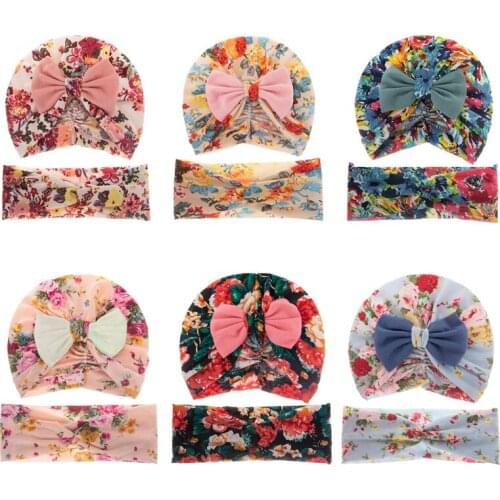 Baby Turban Headband Two-piece Set Elastic Infant Soft Turban Children Hat Kids Headwear Accessory Floral Kids Accessories