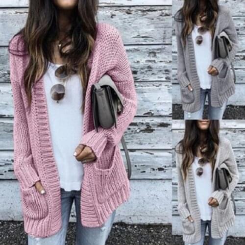 Fashion Women Long Sleeve Cardigan Autumn Winter Loose Knitting Pocket Cardigans Ladies Solid Long Sweaters Streetwear