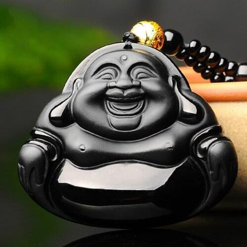 Buddha Jade Pendant Natural Black Obsidian Necklace Chinese Hand-Carved Fashion Charm Jewelry Lucky Amulet for Men Women Gifts