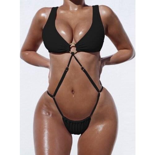 Solid One Piece Swimsuit Thong Micro Swimsuit Sexy Swimwear Women High Cut Monokini Bandage Bathing Suit Crisscross Swimsuits