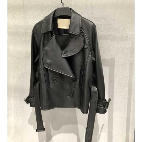 Cosmicchic 2020 Autumn Winter Women Genuine Leather Bomber Jacket Sheepskin Casual Outwear Double Breasted With Belt Plus Size