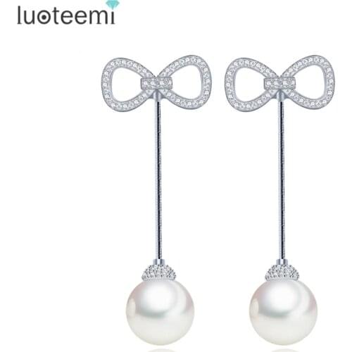 LUOTEEMI Luxury Cubic Zirconia Noble Bowknot With Round Created Pearl Drop Long Dangle Earring Brincos For Women Wedding Jewelry