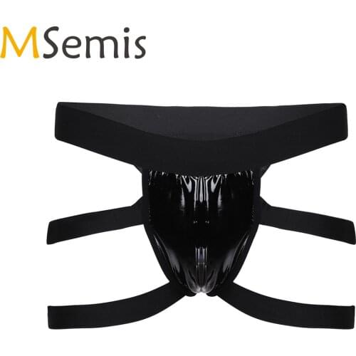 MSemis Mens Lingerie Panties Patent Leather Jockstraps Pouch Sissy Gay Underwear Underpants T-Back Sexy Clubwear Costumes