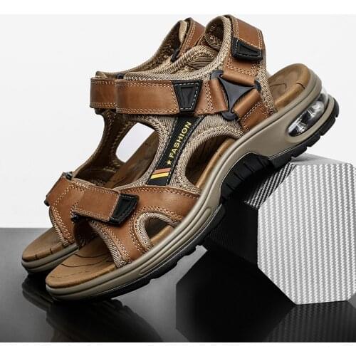 Brand 2021 summer mens sandals leather mens first layer cowhide gladiator Roman mens beach sandals cushion soft wading shoes