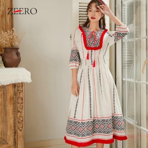 Korean Spring Autumn Women Tassel Half Sleeve Ethnic Print Holiday Dress Female Loose Vintage Casual Pleated A-line Midi Dresses