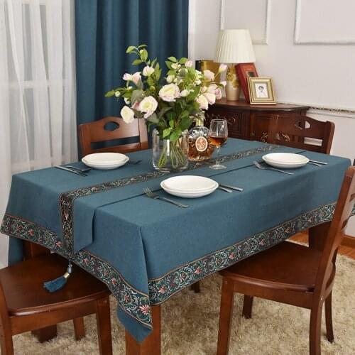 Chinese-Style Table Cloth Washable Elegant Simple Meeting Room Desktop Dark Blue Tablecloth Fabric Rectangular Household