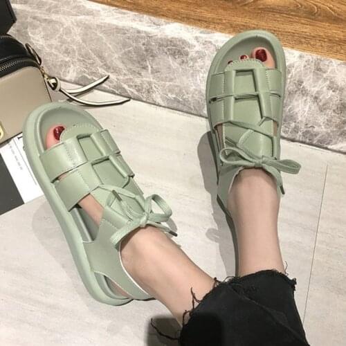 Thick Bottom Women Sandals Beach Roman Shoes 2021 New Fashion Peep-toe Slip-on Flat Heels Cross-tied Casua Female Sandalias
