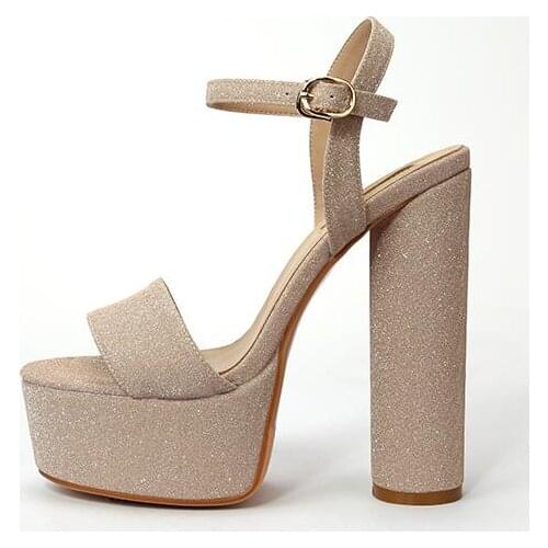 Moraima Snc 15cm High Heel Shoes Open Toe Glitter Embellished Platform Thick Heels Shoes Ankle Strap Gladiator Sandal Gold