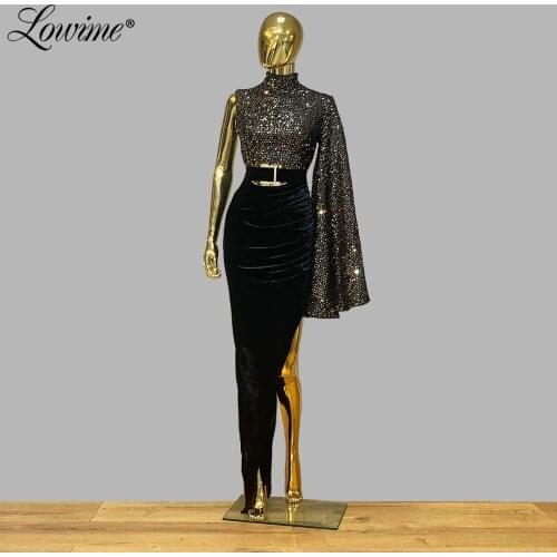 Black High Neck Party Gown 2020 One Shoulder Floor Length High Split Side Sexy Prom Dresses Robe De Soiree Velvet Evening Dress