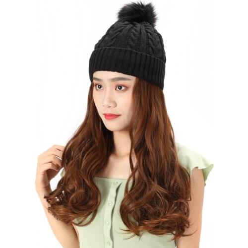 Knitted Beanies hat With hair wig Long wave Heat Resistant fiber Hair Extensions for Girls Easy to Wear