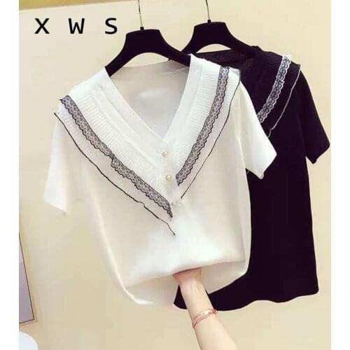 Oversize women sweater and pullover 2020 short sleeve V neck lace patchwork summer thin sweater top casual kint button jumper