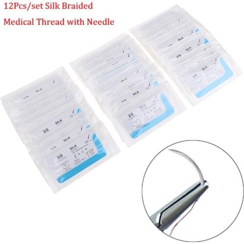 12PCS 75cm 2/0 3/0 4/0 Dental Surgical Needle Silk Medical Thread Suture Surgical Practice Kit