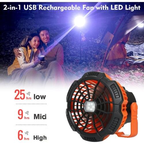 2-in-1 USB Rechargeable Fan with LED Light Portable Fan for Fishing Camping Office Emergency Power Bank
