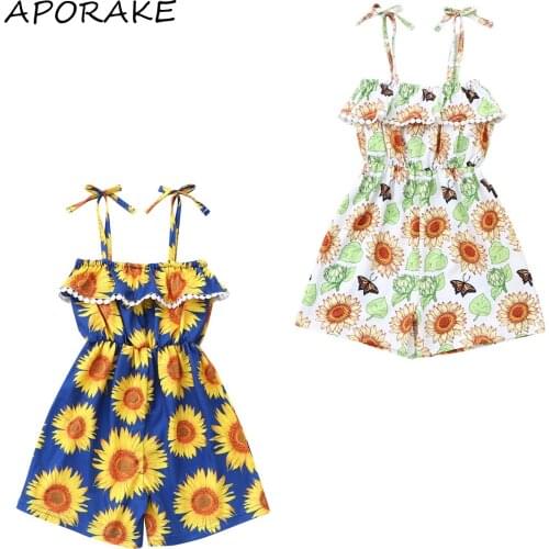 2021 0-6Y Casual Infant Baby Girl Playsuit Summer Boho Sunflower Print Sleeveless Ruffle Tassels Tunic Romper Long Pants