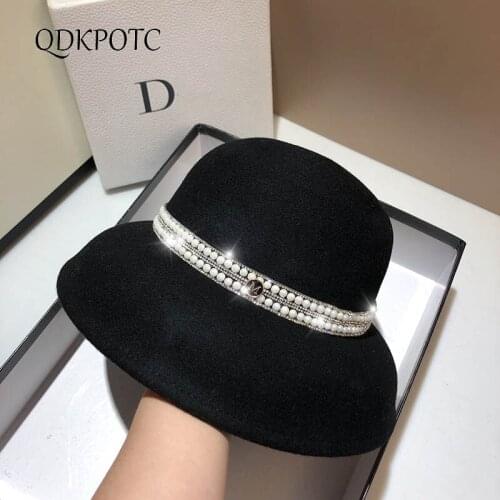 2021 Hat Autumn Winter New High-End Wool Fedoras French Hepburn Wind Lampshade Hat Fashion Women Rhinestone Basin Cap QDKPOTC