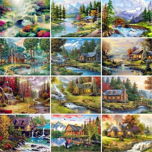 EverShine Diamond Mosaic Waterfall Cross Stitch Kits Diamond Embroidery Landscape Paintings House Picture Of Rhinestone Wall Art