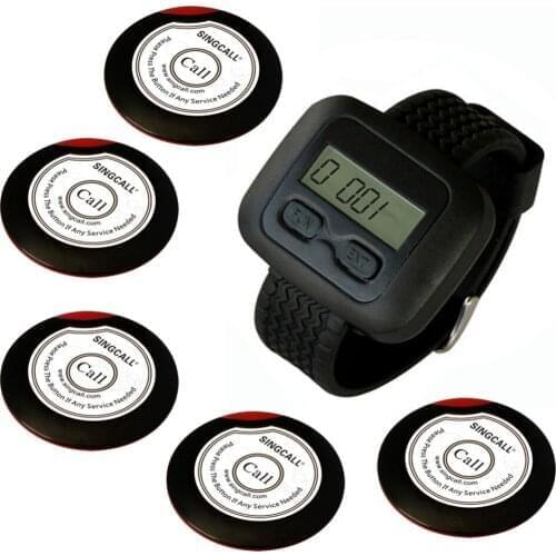 SINGCALL Wireless Waiter Pager System for Restaurant, Supermarket, 5pcs Table Buttons and 1pc Wrist Watch Receiver