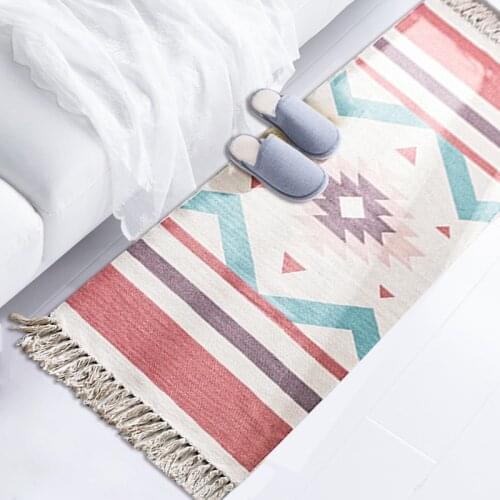 Bohemian Cotton Linen Tassel Woven Carpet Floor Mat Bedroom Tapestry Retro Decorative Blanket Tea Living Room Carpet Area Rug