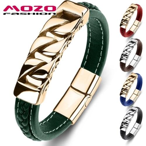 MOZO FASHION Stainless Steel Charm Magnetic Multi Color Unisex Bracelet Genuine Leather Braided Trendy Simple Jewelry 102