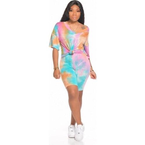 Hot Sale Women Summer Tie-dye Clothing Short Sleeves Female Print Loose Casual Two Pieces Set Jumpsuit Outfit