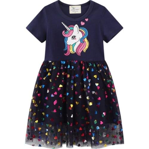 Summer New Style Children Unicorn Print Girls Short Sleeve Heart Cotton Princess Party Dress Kids Tutu Costume