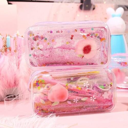 Cute Fruit Peach Transparent Toiletry Cosmetic Bag Women Travel Portable Makeup Bags Pink Pencil Case Stationery Wash Organizer