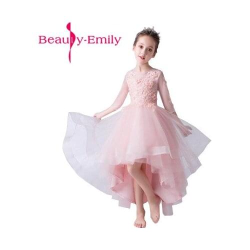 Sweet O Neck Half Sleeve Lace Flower Girl Dress for Weddings Fashion Front Short Back Long Princess Ball Gown 3 Colors Available