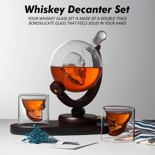 Whiskey Decanter Set Skull Vodka Globe Decanter With 2 Glasses Liquor Dispenser With Wood Stand For Scotch Bourbon