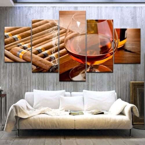 Wall Art Poster Modern Home Decor Living Room Bedroom 5 Pieces Ice Wine Glass Cigar Canvas Print Painting Modular Pictures Frame