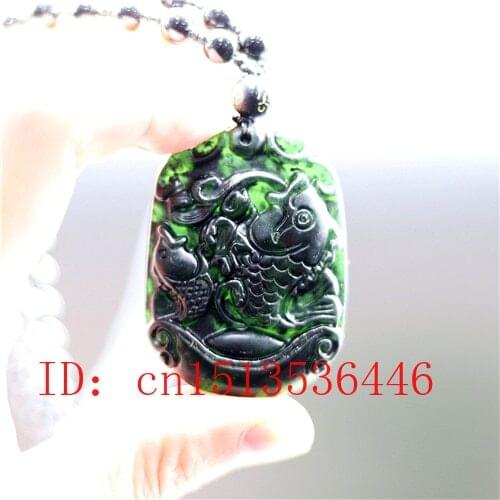 Natural Black Green Jade Chinese Goldfish Pendant Necklace Hand Carving Charm Jewelry Carved Amulet Luck Gifts for Men Her
