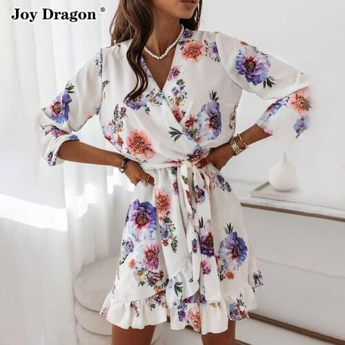 Dress Print Floral Middle Lace Up V Neck Long Sleeve Slim Fit Loose Autumn Spring Short Pleated Casual Party Daily Women Clothes