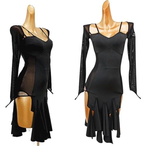Long-Sleeved Latin Dance Dress Women Sexy Irregular Practice Clothes Mesh Dance Skirt Latin Dance Competition Dresses DN7450