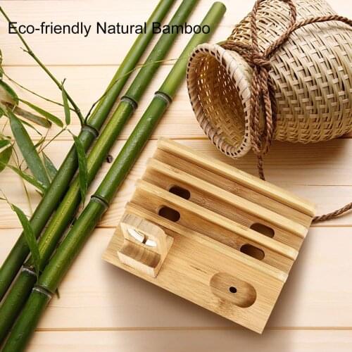 Multi Device Cords Organizer Stand Charging Station Bamboo Multifunction Mobile Phone Holder For iPhone For Smart Phone/Tablet
