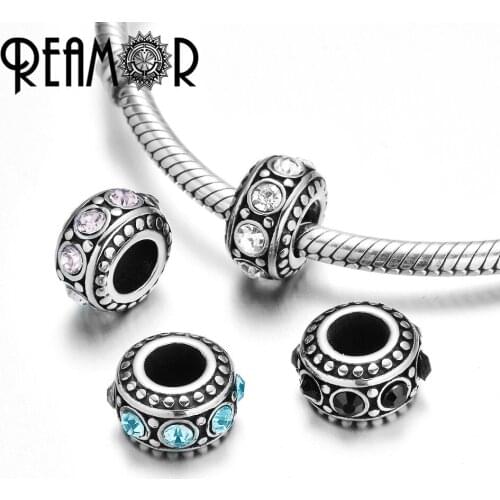 REAMOR 5 pcs 316L Stainless Steel 4 Colors Black Color Crystal Spacer European Charm Beads For DIY Bracelet Jewelry Findings