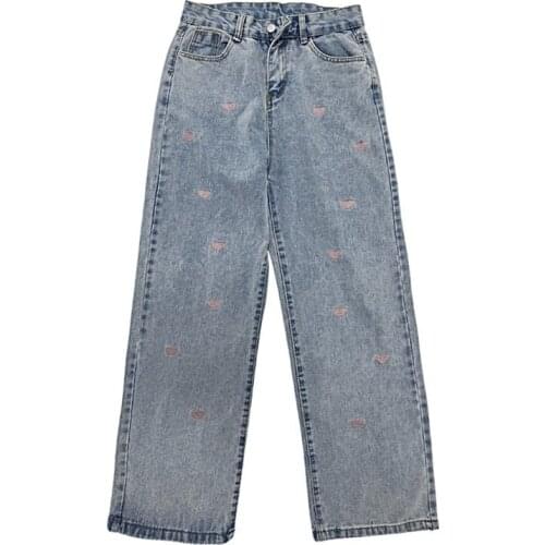 High Waist Wide Leg Pants Baggy Harajuku Straight Denim Trouser Womens Jeans Vintage Heart Shaped Embroidery Streetwear