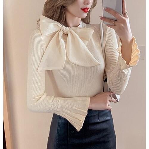 Streetwear Bow Sweater Women Elegant Long Sleeve Pullovers Slim Knitted Sweaters Autumn Winter Tops Clothes Pull Femme