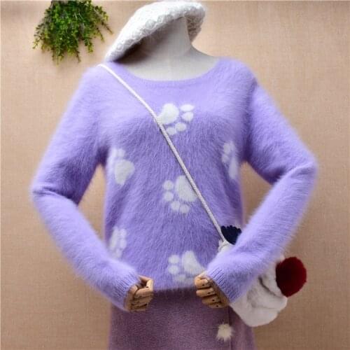 Ladies women fashion purple hairy autumn winter clothing mink cashmere knitted o-neck paw printing o-neck angora fur sweater top