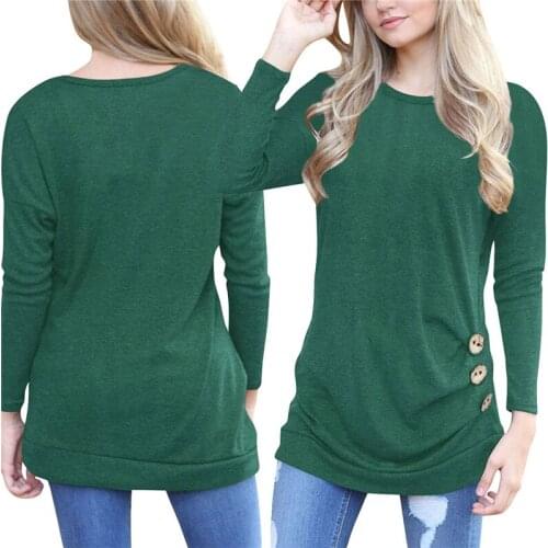Solid color crew neck T-shirt autumn winter 2021 women long raglan sleeve fashion Button casual loose Top joker fold Pullover