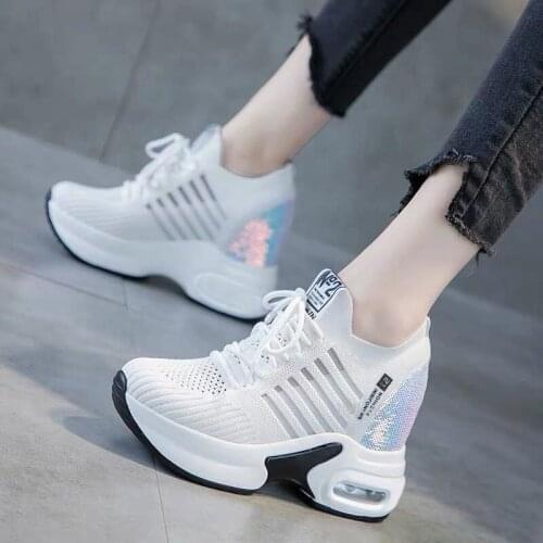 2021 Women Sneakers Vulcanized Shoes Woman Thick Knitted Elastic Mesh Bling Sneakers Shoes Female Lace-Up Platform Wedge Shoes