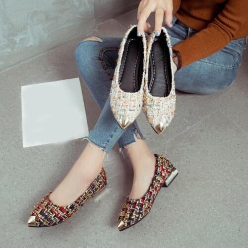 2020 Women Flats Slip on Flat Gold Pointed Toe Casual Shoes Plaid Boat Shoes Metal Heels Female Shoes Shallow Ladies Spring