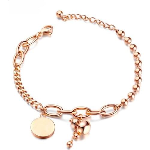 Rose Gold Round Hoist Womens Bracelet Adjustable Beaded Chain Bracelets Wristband Stainless Steel Gift for Sister Friends