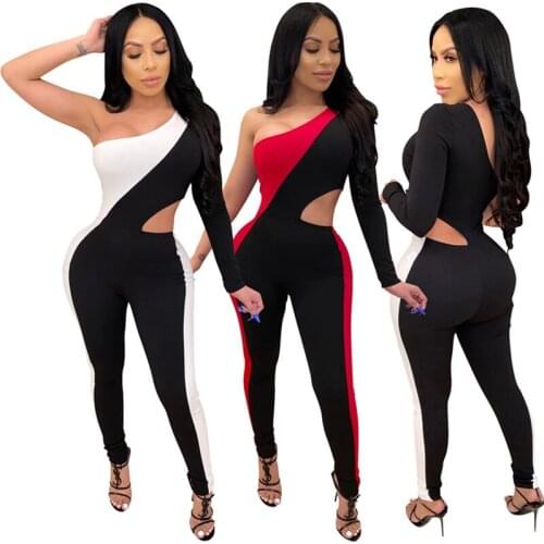 Women 's Casual Solid Color Stitching One Shoulder Cutout Jumpsuit Sexy & Club Ages 18-35 Years Old Woudeyou Tencel