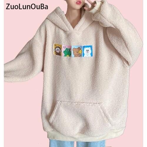 ZuoLunOuBa Winter Women Hoody Lamb Wool Mid-Length Sweatshirt Print Cartoon Cute Animal Pullover M-XL Coat Female