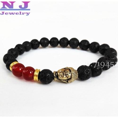 10pcs Hot Sale Mens Beads Jewelry 8mm Lava Stone Beads and Stone Beads with Antique Gold Buddha Bracelets,Energy Yoga Bracelet