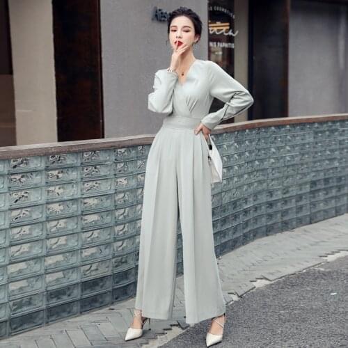 2021 Elegant Solid Color V Neck Jumpsuit Women Long Sleeve Fashion High Waist Belt Wide Leg Playsuits For Ladies Casual Set