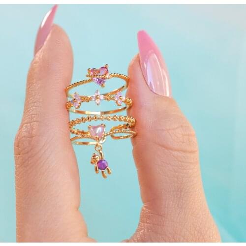2021 Trendy mini cute bear dangle women girl finger jewelry micro pave Pink Color Heart CZ cute lovely animal open adjusted ring