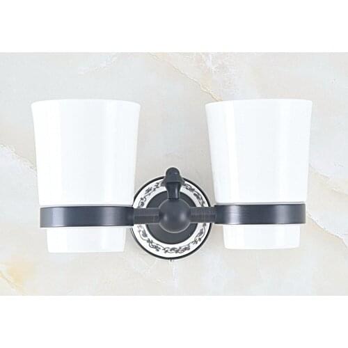 Black Oil Rubbed Brass Double Toothbrush Holder With Ceramic Cup Wall Mounted Bathroom Accessories aba759